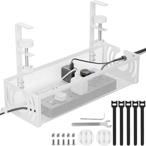 Tivddikun Under Desk Cable Management Tray, Metal Mesh Cable Management Under Desk No Drill, Cable Tray with Clamp Mount for Wire Management, Cord Organizer for Home Office, White