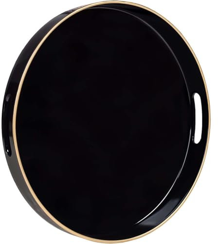 Simmer StRound Plastic Tray one Decorative, Round Plastic with Handles, Modern Vanity and Serving for Ottoman, Coffee table, Kitchen and Bathroom, Size 13 (Black)