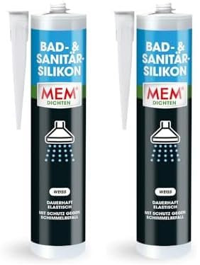 MEM Bad- & Sanitär-Silikon, Dauerhaft elastischer Silikon-Dichtstoff mit Schutz gegen Schimmelbefall, Im Innen- und Außenbereich einsetzbar, Gebrauchsfertig, Lösemittelfrei, 300 ml Kartusche, Weiß
