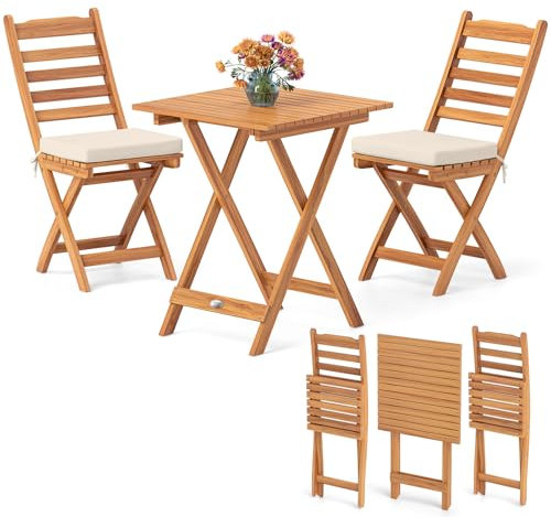KOMFOTTEU 3 TLG. Balkonset klappbar, Gartenmöbel-Set aus Akazienholz, Bistrotisch mit 2 Stühlen, Sitzgruppe mit 2 Kissen, Gartengarnitur für Terreza, Balkon (Horizontal)