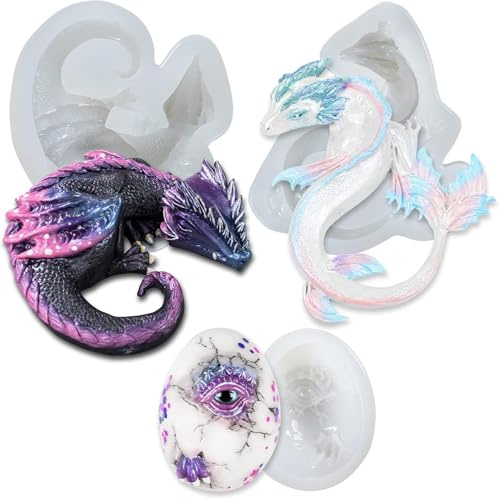Selecto Bake Set di 3 stampi in silicone a forma di drago, per fondente, draghi, decorazione per torte, cemento, cemento, argilla polimerica, lunghezza 6,6-10,4 cm
