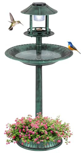 COSTWAY Vogeltränke mit Solarleuchte, Blumentopf, Vogelfutterhaus & Ständer, Vogelfutterstation Retro, Futterspender Vogelfutterspender, Wildvögel Vogelbad Garten, Ø50x107cm (Grün)
