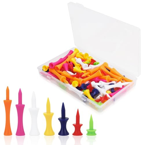 TeaATiCh Tee Golf Plastique,Lot de 70 Tees De Golf en Plastique,Couleurs Mélangées,(25mm,30mm,36mm,43mm,50mm,60mm,70mm)