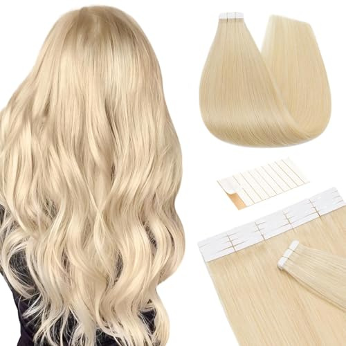 TESS Invisible Tape in Hair Extensions Real Human Hair 20PCS Hair Loss Cover or Highlights Reusable Glue Tape Hair Pieces for Women UK #613 Bleached Blonde 22 Inch 50g