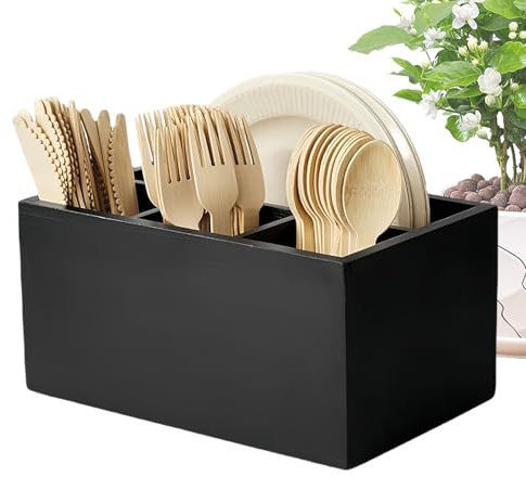 Organizador de cubiertos de madera, organizador de utensilios de 4 rejillas, diseño rústico de encimera, función de mango integrado, ideal para encimeras de cocina, comedores, bufés, restaurantes