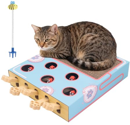CheurYae Interaktives Katzenspielzeug,Whack-a-Mole 3-in-1 Cat Scratcher and Toy,Interaktive Box Zum Fangen von Mäusen,Witzige Katzen (Colorful)