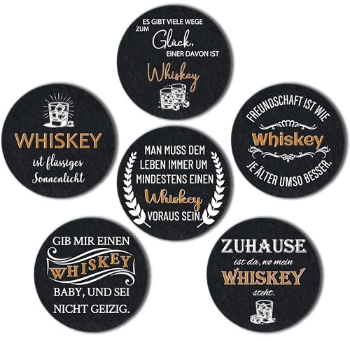 Filz-Untersetzer mit lustigen Whiskey-Sprüchen – 6er Set inkl. Geschenkverpackung | rutschfest & hitzebeständig | Geschenkidee für Männer & Whiskeyliebhaber | handgemacht in Deutschland (Whiskey)