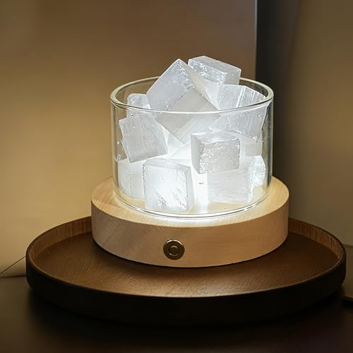 Lamptobe Selenite Luce con Base LED in Legno, Set di Pietre Naturali Chakra Cristalli, Lampada di Selenite per Donne Cristalloterapia Meditazione Antistress Reiki Yoga la Pulizia dell'energia