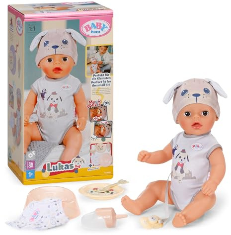 BABY Born Lukas 36 cm Babypuppe im Hunde-Strampler mit 7 Funktionen | Hunde-Strampler, Zubehör inklusive, funktioniert ohne Batterien, ab 1 Jahr