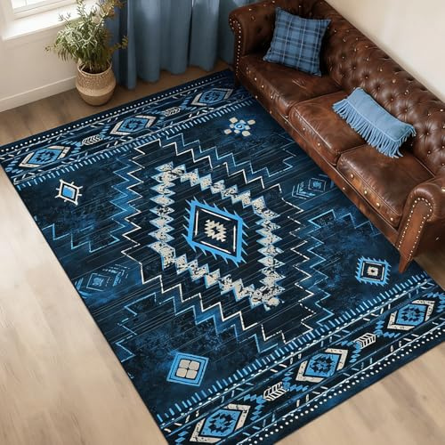 Alishomtll Teppich Läufer, Vintage Geometrisch Teppich Blau 140x200 cm | Rutschfest Kurzflor Küchenteppich, Weich Waschbar Flurläufer für Wohnzimmer Schlafzimmer Arbeitszimmer Küche Eingang