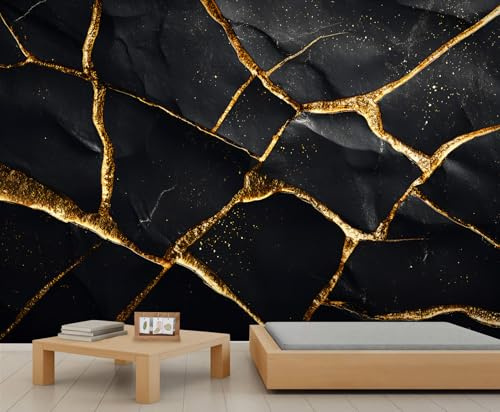 YEMYOR Black Gold Marble Mural Wallpaper Black Brick Wall Wallpaper for Living Room Bedroom Golden Cracks Wall Mural for Kitchen Restaurant Office-500x350cm