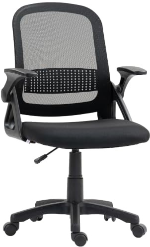 HOMCOM Bürostuhl mit Aufklappbarer Armlehne Lendenwirbelstütze Schwarz | Ergonomischer Schreibtischstuhl, Höhenverstellbarer Drehstuhl mit Wippfunktion, Netzbespannung, Computerstuhl