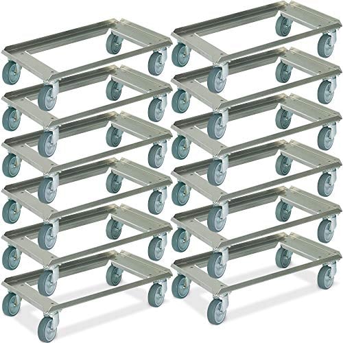 BRB 12x Alu-Transportroller für Eurobehälter/Stapelbehälter 600x400 mm, offenes Deck, graue Gummiräder