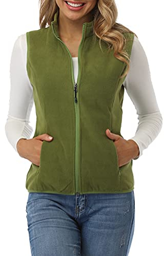 fuinloth Fleece Weste für Damen, Leicht Ärmellose Standkragen mit Reißverschlusstaschen Armee Grün Large