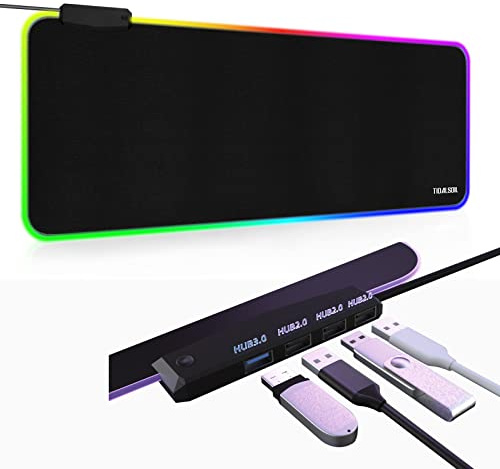 RGB Large Gaming Mouse Pad with 4Port USB Hub and 13Lighting Modes, Computer Keyboard Mouse Pad, Oversize Anti-Slip Rubber Base Mouse Mat for Computer PC Games (31.5 x 11.81 in Black,0.15in Thick)