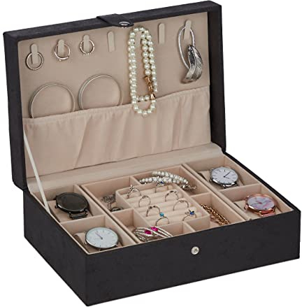 Relaxdays Schmuckkästchen, Lederoptik, Samt, Schmuckkasten für Damen & Herren, HBT: 10 x 29 x 20 cm, Schmuckbox, schwarz