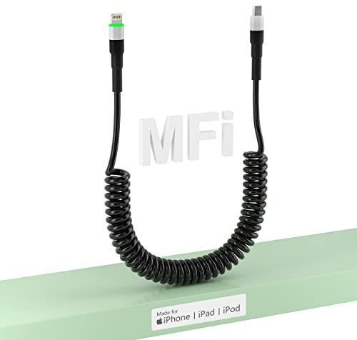 [MFi Certified] Coiled Lightning Cable for Apple CarPlay, USB-C iPhone Charger Cord PD 27W Fast Charging with Data Sync & LED, Short White