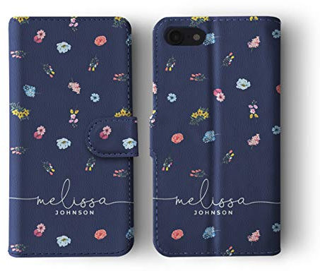 Tirita Personalised Wallet Phone Case iPhone 13 With Card Holder – Leather Flip Case or Cover With Custom Name – Cute Personalised Gift for Women [20. Blue Floral Small Flowers]