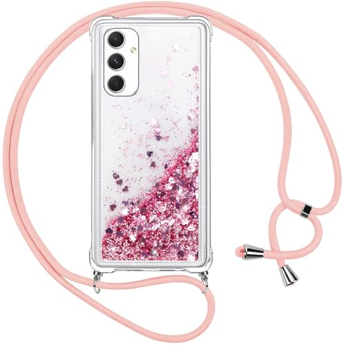 Vauki Coque pour Samsung Galaxy A54 5G avec Cordon, Paillette Liquide Transparent Crystal Glitter Housse, Protection Antichoc Silicone Souple TPU Bumper Case,Réglable Collier pour Samsung A54 5G, Rose