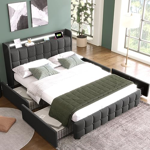 Oyemige Polsterbett 140x200, Doppelbett mit 4 Schubladen, LED Kopfteil mit USB Ladefunktion, Rückenlehne Bett mit Stauraum und Lattenrost, Stauraumbett, MetallBettgestell, ohne Matratze, Leinen Grau