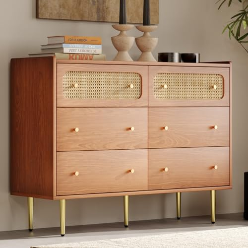 AMDXD Schubladenkommode Kommode mit 6 Schubladen, Rattan Sideboard Highboard für Schlafzimmer & Alle Wohnräume, Nussbaum -H90/B120/T40 cm