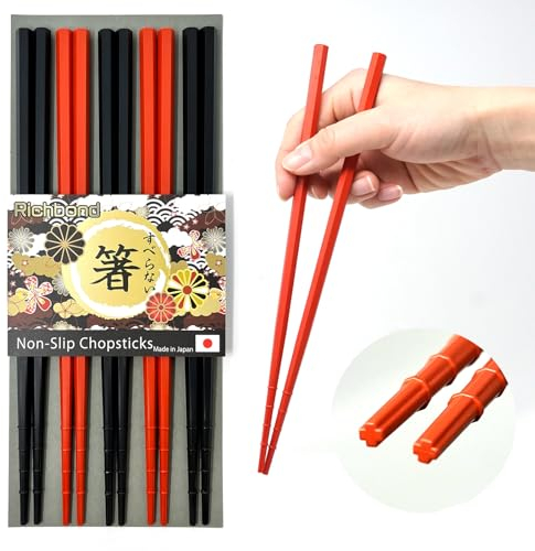 Hecho en Japón, 5 pares de palillos de fibra de vidrio antideslizantes, aptos para lavavajillas, reutilizables, rojo y negro, color zen japonés