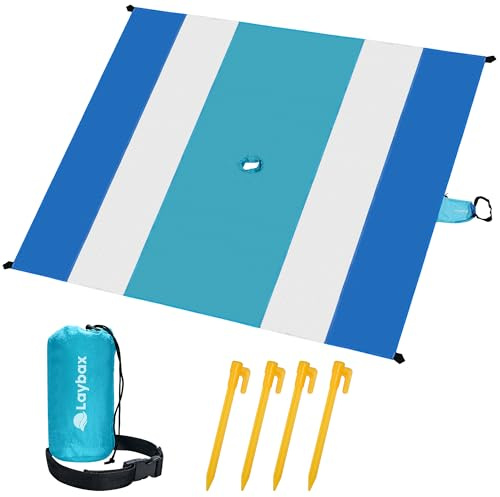 Laybax Blue Beach Blanket with Umbrella Hole 7ftx5ft- Water Resistant, Sandproof, Lightweight, Rip-Stop Nylon with Umbrella Hole & Sand Pockets, Camping Essentials, Beach Canopy Compatible