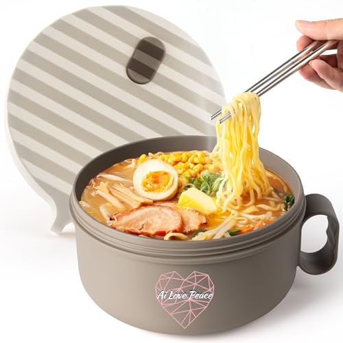 AI LOVE PEACE Microwave Noodle Bowl, BPA-Free 1200ml Soup Mug with Handles, Portable Ramen Container for Students & Offices, Beige