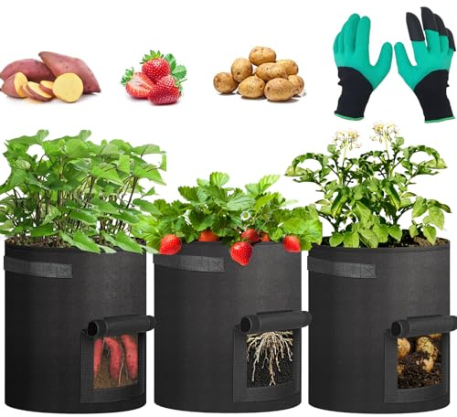 Kartoffel Pflanzsack 3 Stück Kartoffelpflanzsäcke 40L Pflanzsäcke mit Gartenhandschuhe, 10 Gallonen Pflanzsack, Pflanzsack Kartoffeln, Pflanzen für Gemüse Blumen Früchte Pflanztopf für Kartoffeln