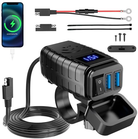 Toma USB de 12 V para Motocicleta Resistente al Agua, Cargador Tipo C y USB con Interruptor de Encendido/Apagado y Medidor de Voltaje LED, Toma USB-C SAE a USB de Carga Rápida 3.0 (Dual USB-A)