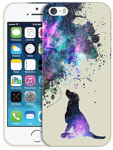 GlamCase for iPhone 5 / 5s / SE 2016 (1st Gen) - Galaxy Dog Pattern Design Printed Slim & Sleek Cute Plastic Hard Snap on Protective Designer Back Case/Cover for iPhone 5 / 5s / SE1st Gen White