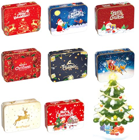 JWTRSVTY 8 Stück Weihnachten Metalldosen mit Deckel Mini Weihnachten Keksdosen Mini Metall Aufbewahrungsdosen zum Verpacken von Keksen Süßigkeiten Snacks
