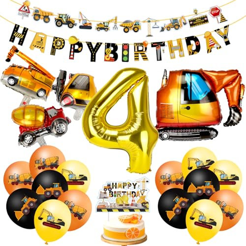 MUEZDUR Bagger Deko Kindergeburtstag 4, Geburtstagsdeko 4 Jahre Jungen Baustellen Geburtstagdeko Junge 4 Jahre Traktor Bagger Happy Birthday Banner für Junge Party Dekoration
