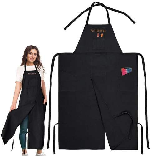 Potterhyme Töpferschürze mit geteilten Beinen, 100% Baumwolle, Leinen, Töpfer- und Keramikschürzen mit Taschen, für Damen und Herren, schwarz, verstellbar