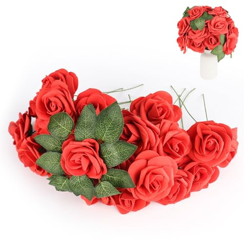 XCRPRT Fiori artificiali, rose rosse, teste di rose in gommapiuma, finta rosa di seta artificiale, decorazione singola, fiori lunghi per fai da te, San Valentino, matrimoni, feste, festival, 25 pezzi