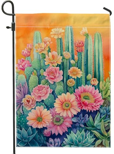 Blühende Kaktus-Gartenflagge, bunte Blumen-Sukkulenten, Heimdekoration, doppelseitig, Aquarell, Outdoor-Hofflagge, Frühlingssommer, Rasendekoration, 30,5 x 45,7 cm