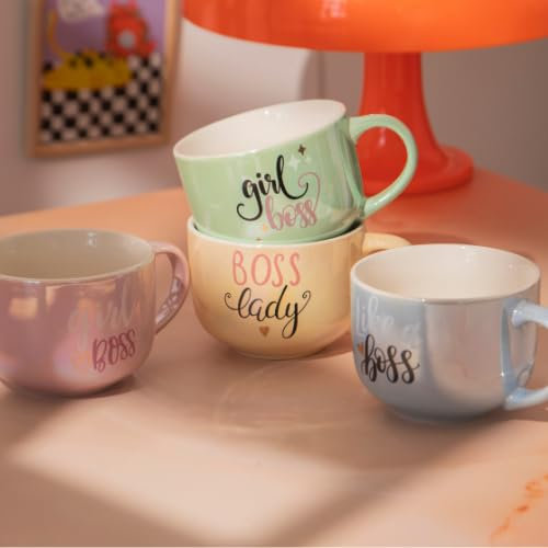 New Bone China Soup Mug with Decal 500ml Boss Lady Quote Ceramic Coffee Cup Pastel Colours Gift Mug for Women Students, Co-Workers (H 7cm x W 10.5cm) Assorted Colours (Pink)