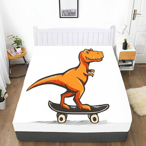 Minimalismus Spannbetttuch Cartoon Dinosaurier Skateboard Spannbettlaken 135 x 200 cm, für Kinder Jungen Mädchen Jugendliche Zimmer, Weiche Spannbetttuch Mikrofaser Spannleintuch 30cm Steghöhe