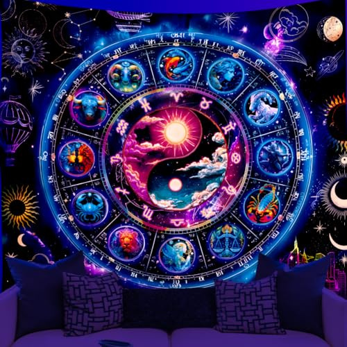 WEBEEDY Sonne Und Mond Blacklight Wandteppich Galaxie Konstellation Wandteppich UV Reaktiv Mystischer Yin Yang Wandbehang Astrologie Wandteppiche Für Raum Party Dekor 150x130cm