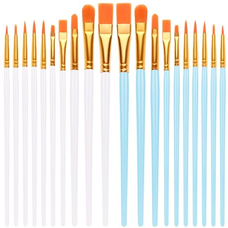 20 PCS Nylon Hair Paint Brushes Set - Flat Art Brushes for Watercolor Oil Acrylics, Face Nail Art, Decorations Models Figurines - 10 Sky Blue & 10 White