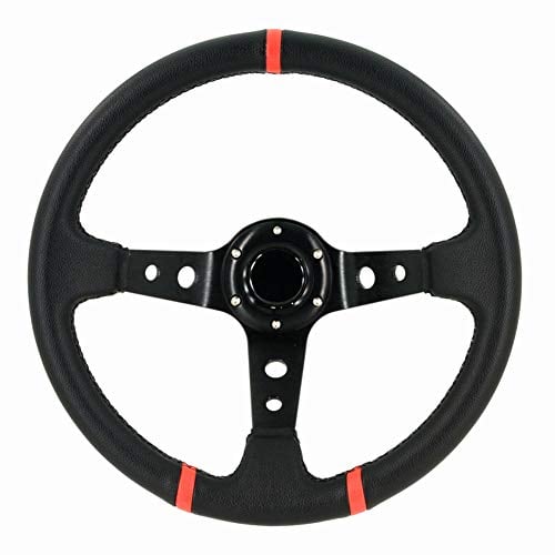 AUTO-STYLE Universal Sportlenkrad 'Deep-Dish - Ø350mm - Schwarz PVC-Leder + Schwarze Speichen + Rote Streifen