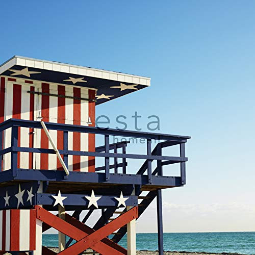papier peint panoramique maison de plage rouge, blanc et bleu 250 x 279 cm - ESTAhome