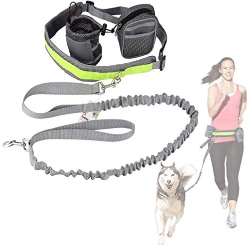 Cadrim Hands Free Dog Lead Walking Belt Adjustable with 2 Pack Bags and Reflective Strip 38kg (Grey)