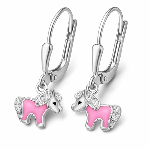 CLEVER SCHMUCK Pferd Ohrringe Silber 925 Mädchen 20 mm, Pony mit Zirkonias STERLING im Etui rosa Kinder Schmuck