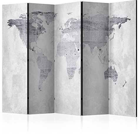 RAUMTEILER/PARAVENT B&D XXL - Paravent Raumteiler Innen Weltkarte 225x172 cm 5-teilig Einseitig Raumtrenner Trennwand Holz Room Divider Spanische Wand Raum Abtrennung grau k-A-0015-z-c