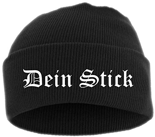 HB_Druck Umschlagmütze mit Wunschtext - Altdeutsch - Bestickt - Mütze Strickmütze Einheitsgröße Stickfarbe: Weiss