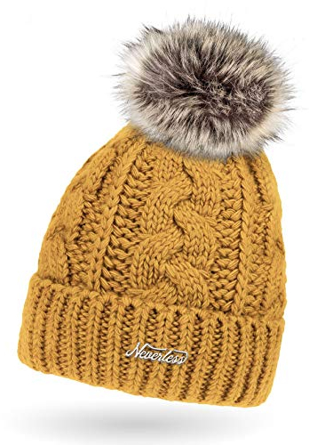 Neverless Damen Strick-Mütze gefüttert mit Fell-Bommel, Kunstfell, Winter-Mütze, Bommelmütze, Mustard Unisize