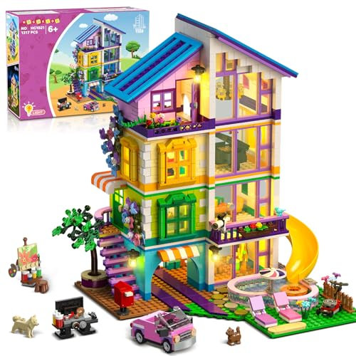 HOGOKIDS Juego de construcción Casa para Niñas con Luz LED - 1317 Piezas de Bloques para Construir Villa de Amigos con Coche y Piscina, Regalo de Cumpleaños para Niñas, Niños y Adolescentes de 8-14+