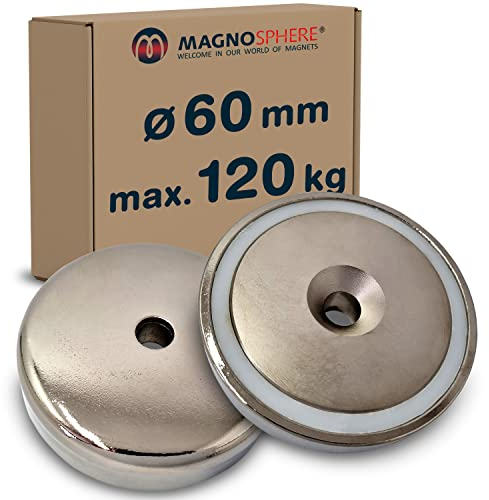 Topfmagnet Neodym Magnet zum Anschrauben rund extra stark - 120 kg - mit Senkbohrung - Starke NdFeB-Magnete im Stahltopf Ø 60 mm mit Loch/Bohrung und Senkung für Büro Haushalt Werkstatt