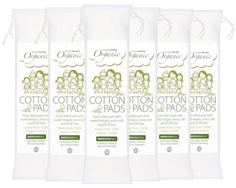 Simply Gentle Organic Cotton Pads - Perfect for Sensitive Skin - Pure Cotton Pads for First Aid - Free from Odours or Irritants - Round Shape, Disposable - 100 Pads (Pack of 6)